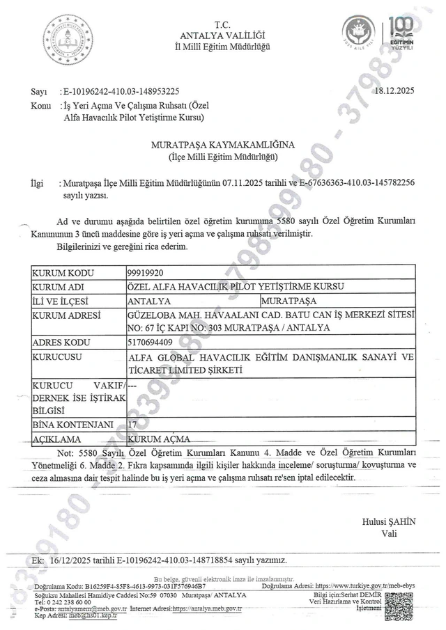Alfa Havacılık Akademi T.C. Millî Eğitim Bakanlığı yetki belgesi